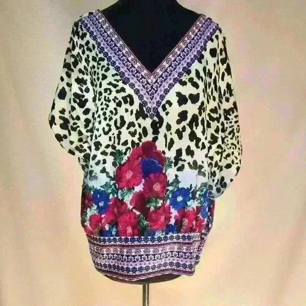 NWOT JM Collection Womens' Medium Brightly-Colored Animal Floral  BoHo Print Top